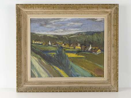 Ecole Xxe - Paysage au village, Huile sur carton 