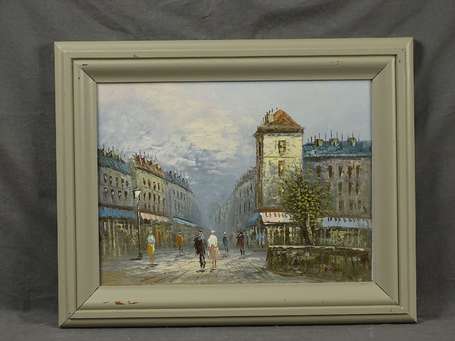 BURNET XXe - Rue animée. Huile sur toile, signée 