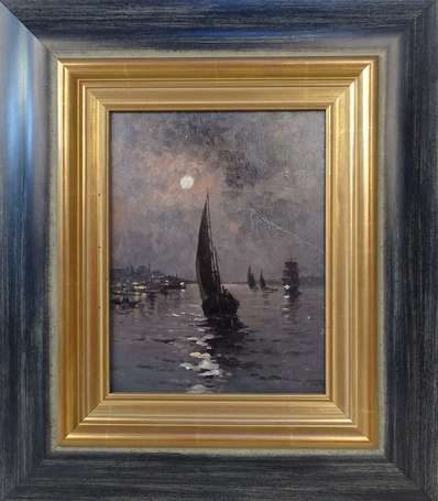 ECOLE XXe - Voiliers au clair de lune. Huile sur 