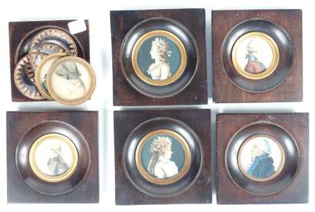7 portraits miniatures physionotraces encadrés, 