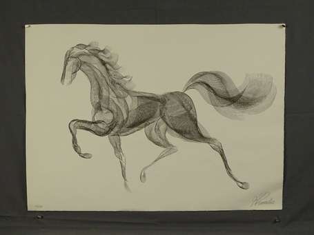 ECOLE XXe - Cheval au trot. Lithographie, signée 