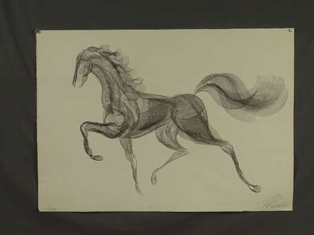 ECOLE XXe - Cheval au trot. Lithographie, signée 