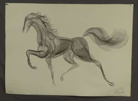 ECOLE XXe - Cheval au trot. Lithographie, signée 