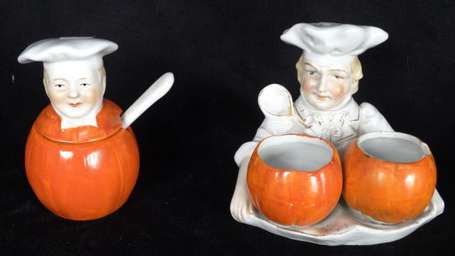 2 Marmitons en porcelaine: un moutardier et un 