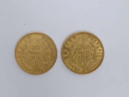 Lot de 2 pièces de 20 francs or Napoléon III tête 