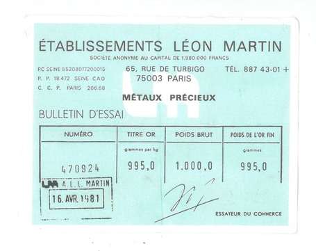 Lingot or n°470924, 1000gr Brut (Pour enchérir sur