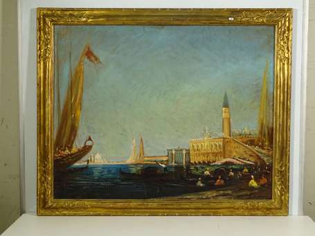 ECOLE XXé - Vue de Venise. Huile sur panneau de 