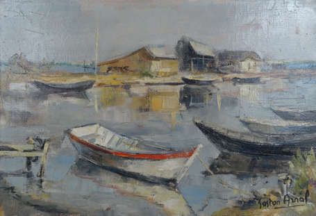 ARNAL Gaston XXe - Barques au mouillage. Huile sur