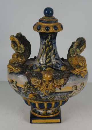 Italie - Vase bouteille en faïence polychrome à 