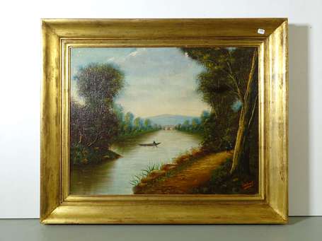 SOIRANT (XIXè siècle) - Paysage au pont. Huile sur