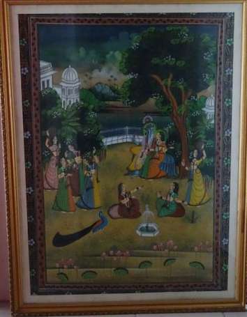 INDE - Krishna et sa cour. Peinture sur soie. A 