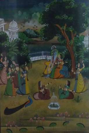 INDE - Krishna et sa cour. Peinture sur soie. A 