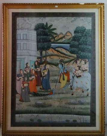INDE - Krishna courtisant Rhada. Peinture sur soie