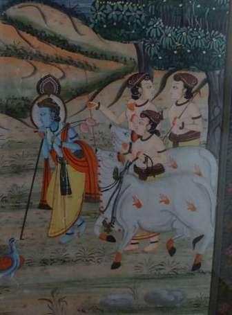 INDE - Krishna courtisant Rhada. Peinture sur soie