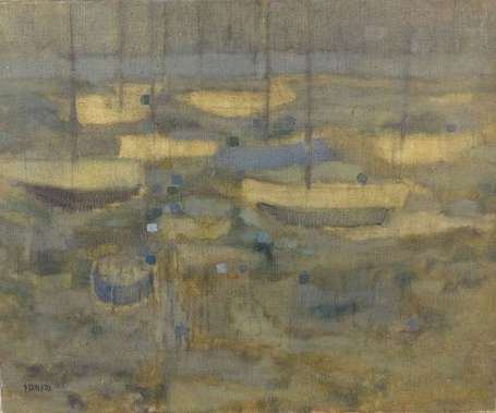 FRANCHTO - Barques au mouillage. Huile sur toile, 