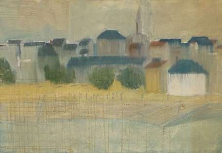 FRANCHTO - Village de bord de mer. Huile sur toile