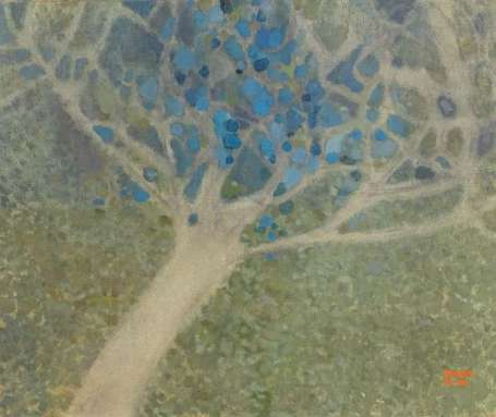 FRANCHTO - L'arbre bleu. Huile sur toile, signée 