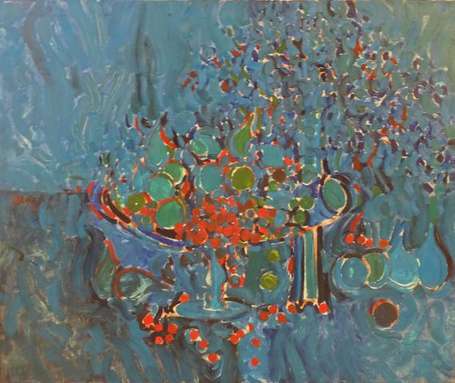 FRANCHTO - Nature morte sur fond turquoise. Huile 