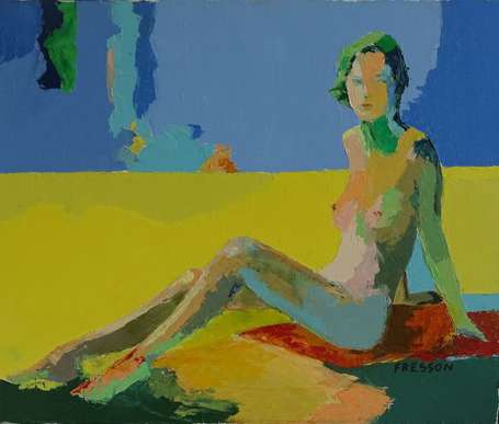 FRESSON XXe - Femme sur la plage. Huile sur toile,