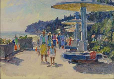 ECOLE RUSSE XXe - Promenade en bord de mer. Huile 