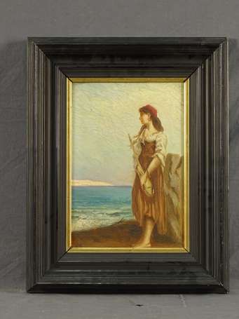 ECOLE XXe - Italienne en bord de mer. Huile sur 