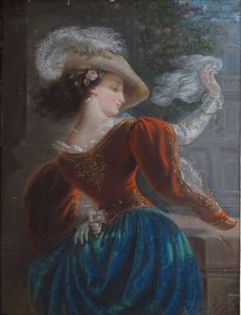 ECOLE XIXe - Portrait de femme au chapeau. Pastel.