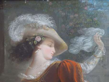 ECOLE XIXe - Portrait de femme au chapeau. Pastel.