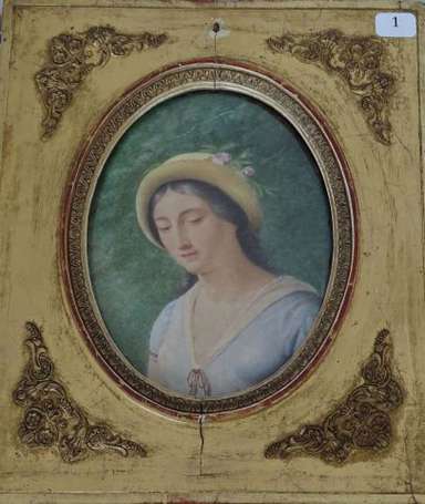 ECOLE XIXe - Portrait de femme au chapeau, 