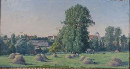 ECOLE XIXe - Les moissons. Huile sur panneau, 