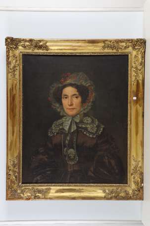 ECOLE XIXè - Portrait de femme à la coiffe fleurie