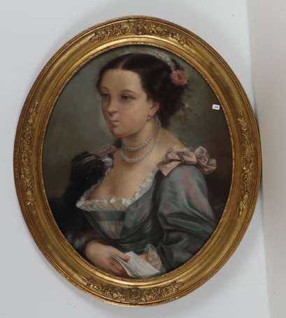 ECOLE XIXè - Portrait de jeune femme. Pastel à vue