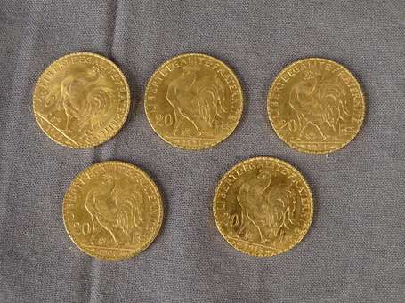 5 Pièces de 20 francs or 1906 - 1908 - 1911(2) - 