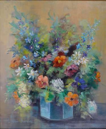 BERTRAND Claude XXe - Bouquet au vase bleu. Huile 