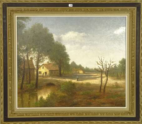 MORETTI XXe - Paysage au pont. Huile sur toile, 