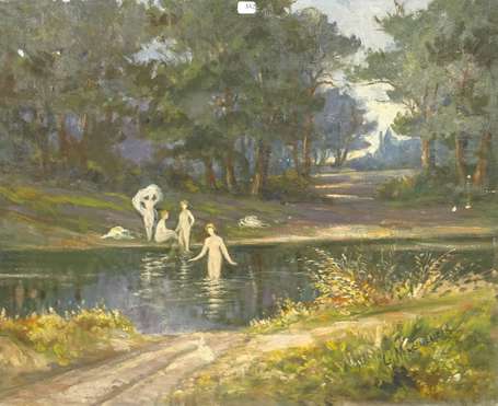 MARCHESSEAU G. XXe - Nymphes au bain. Huile sur 