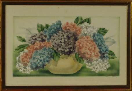 ECOLE XXe - Bouquet d'hortensias. Lithographie, 