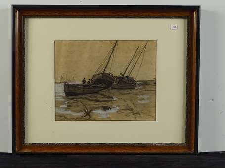 PINARD René 1883-1938 Bateaux à marée basse Encre,