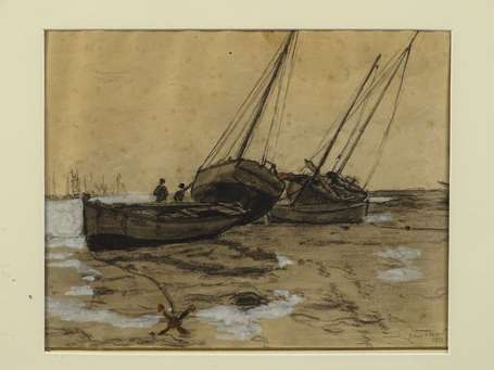 PINARD René 1883-1938 Bateaux à marée basse Encre,