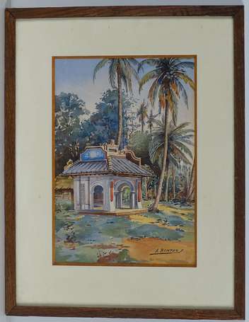 BOMPARD A - Kiosque sous les palmiers. Aquarelle, 