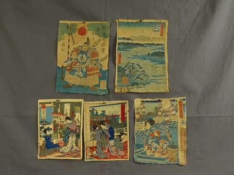 JAPON - Cinq estampes sur papier chiffon à décor 