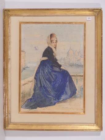 BRAMBILLA Femme posant devant Venise Aquarelle 