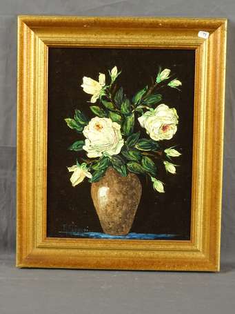 GIOVANI A. XXe - Bouquet de roses blanches. Huile 
