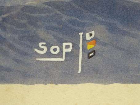 SOP - Trois mats en mer. Aquarelle, signée en bas 