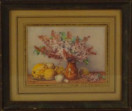 MEUNIE P.H XXe - Nature morte au lilas. Aquarelle,