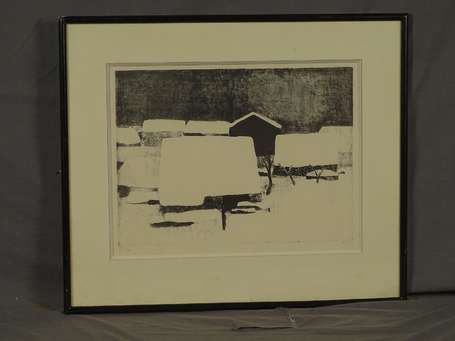 ECOLE XXe - Village sous la neige. Lithographie, 