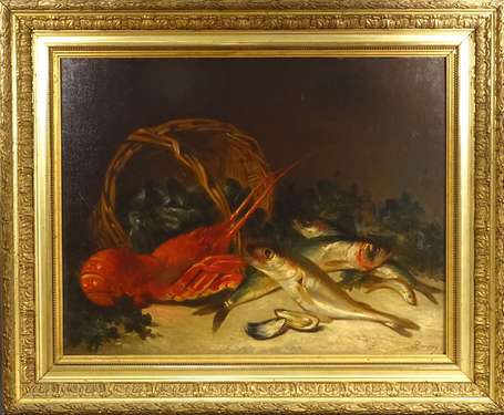 DENOU XIXe - Nature morte au homard, moules et 
