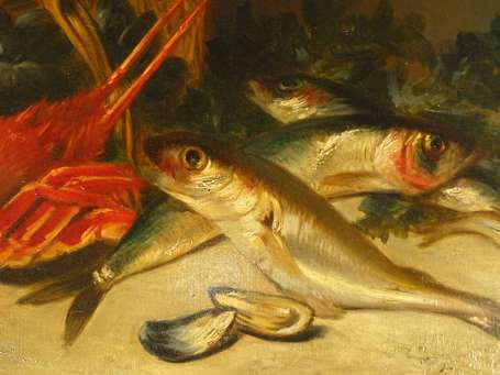 DENOU XIXe - Nature morte au homard, moules et 