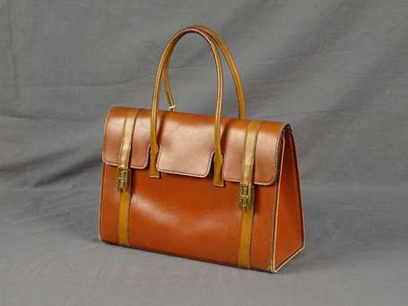 HERMES - Sac porté main Drag en box brun et fauve,