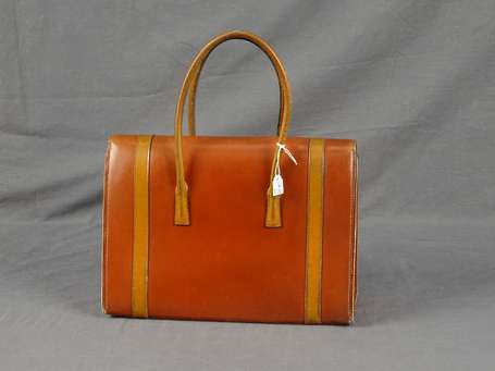 HERMES - Sac porté main Drag en box brun et fauve,