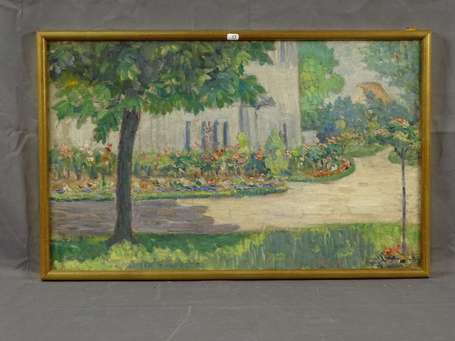 Ecole XXe S - Jardin, huile sur toile. 38 x 61 cm